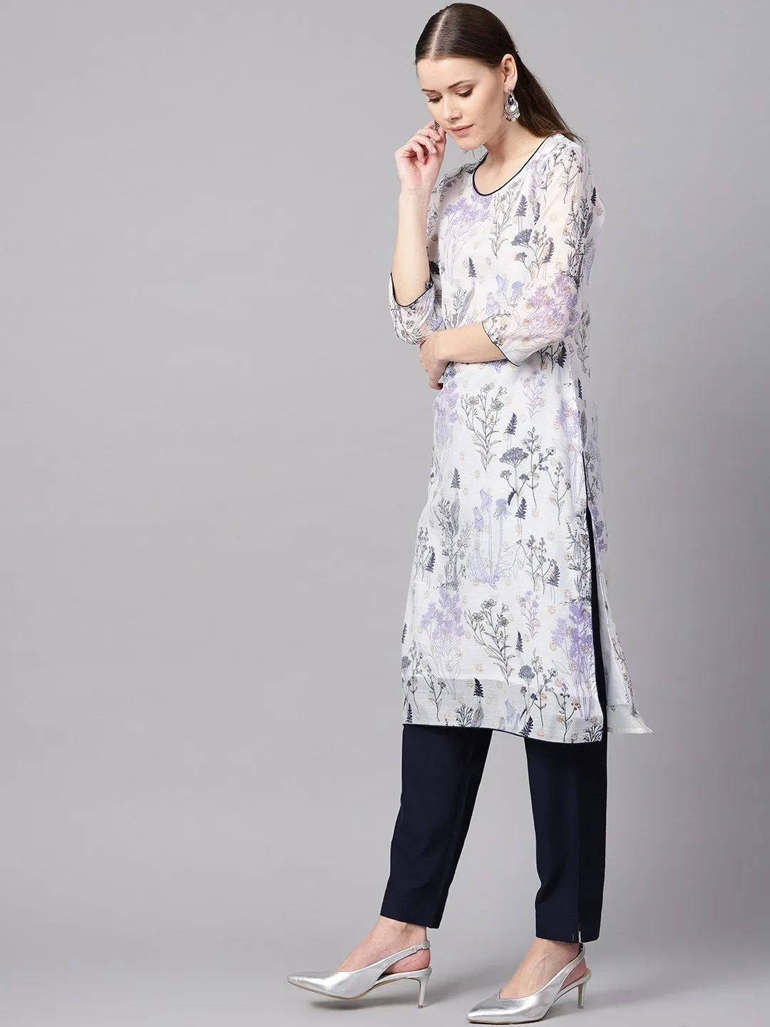 Floral Printed Chanderi 3/4Th Sleeve Kurta With Lining With Solid Navy Blue Pants