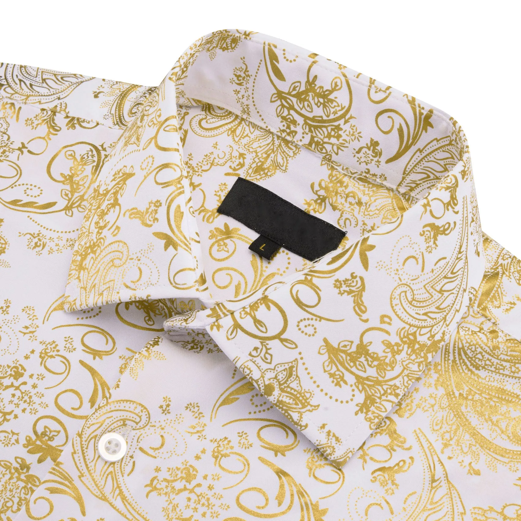 Gold White Floral Paisley Silk Men's Long Sleeve Shirt