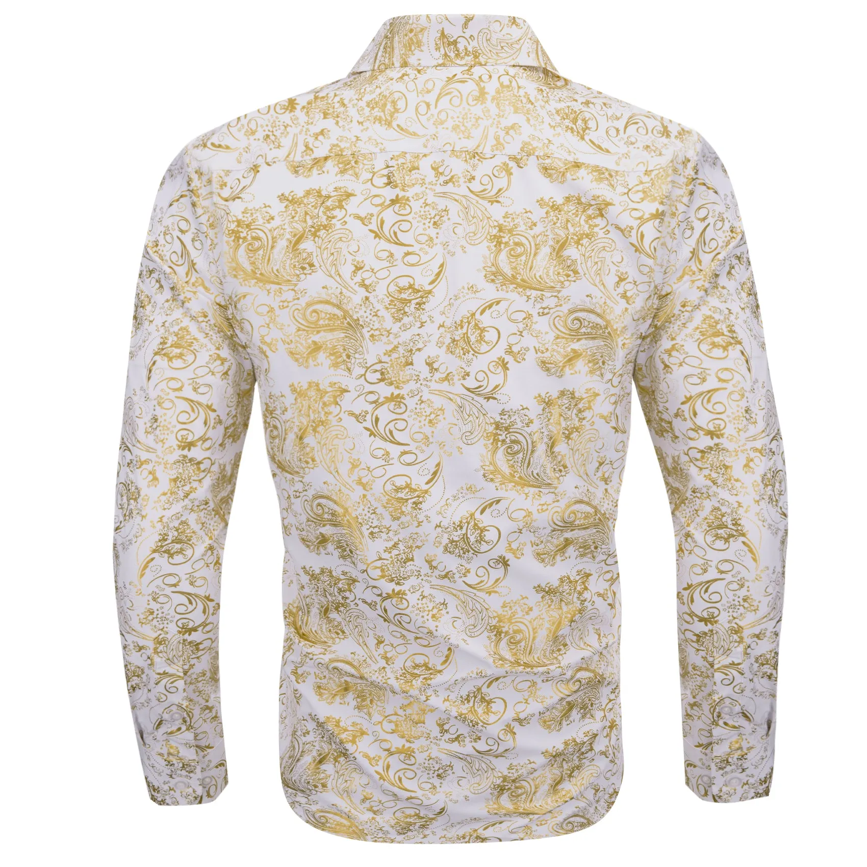 Gold White Floral Paisley Silk Men's Long Sleeve Shirt