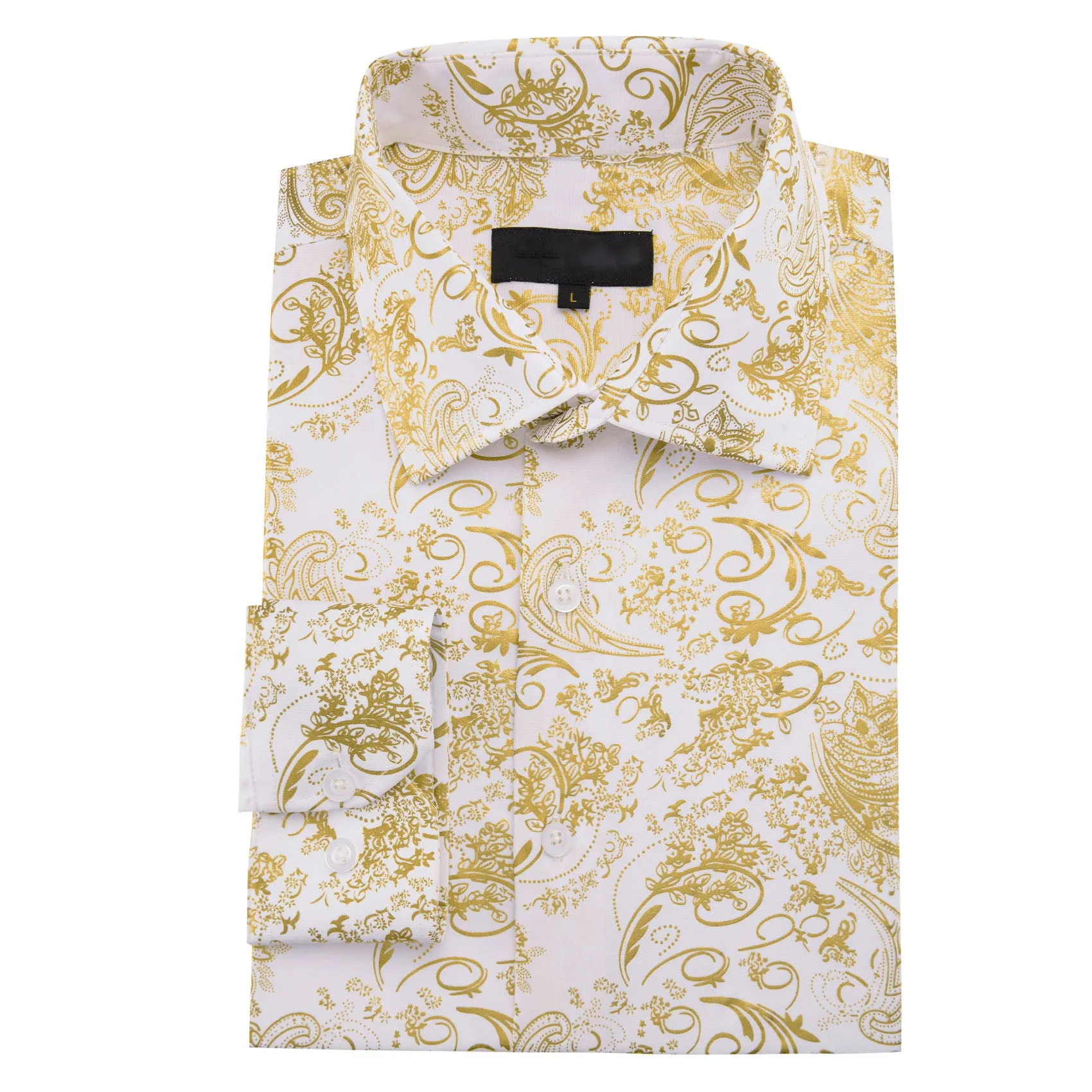 Gold White Floral Paisley Silk Men's Long Sleeve Shirt