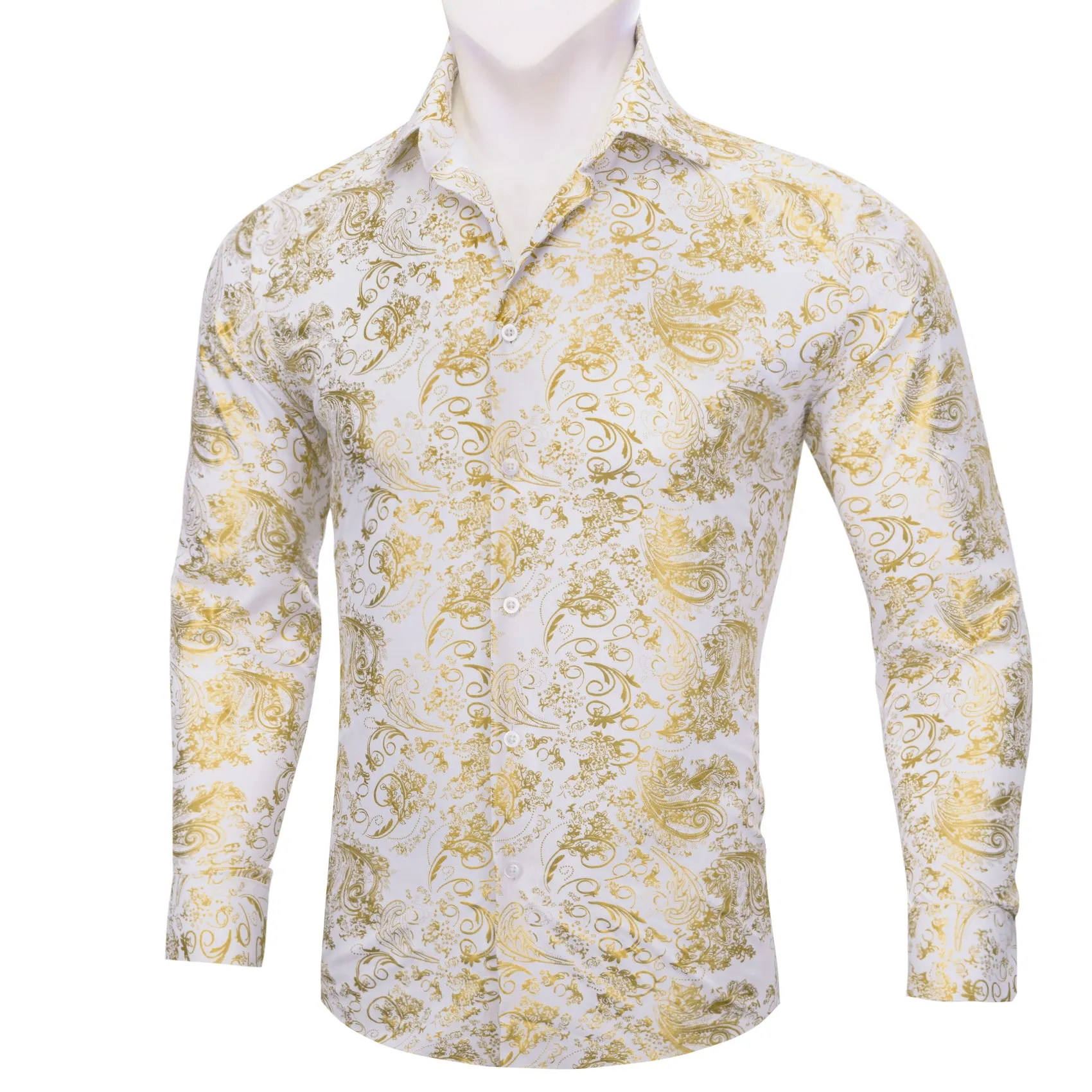 Gold White Floral Paisley Silk Men's Long Sleeve Shirt