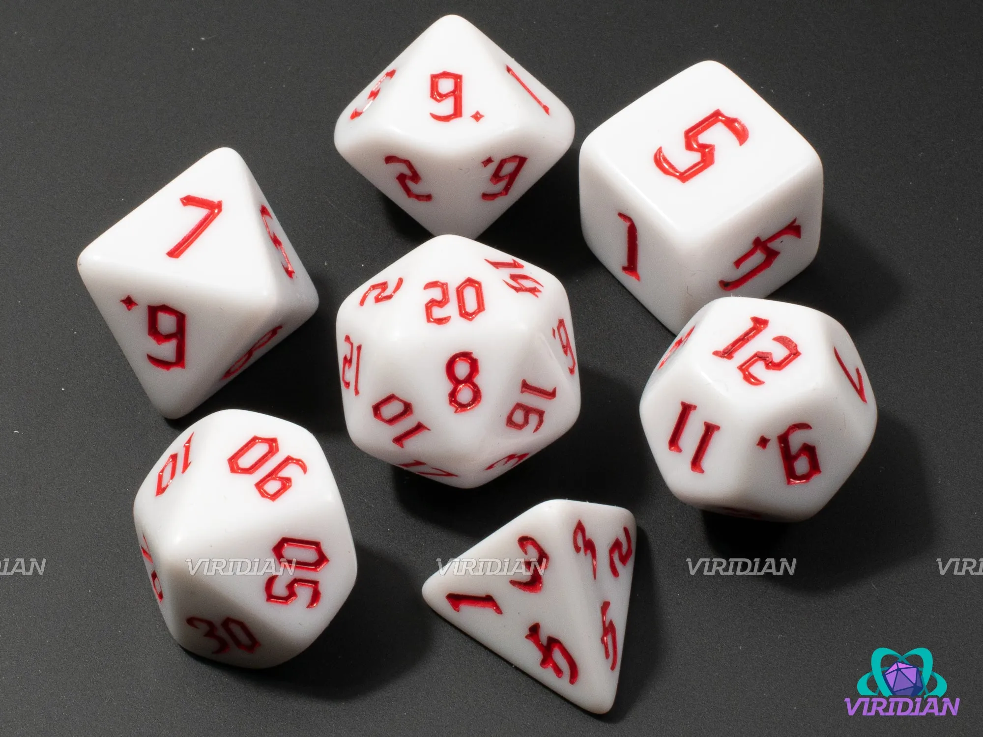 Gothic White & Red | Opaque Solid-Classic Royal Red, Medieval-Fantasy Font | Acrylic Dice Set (7)