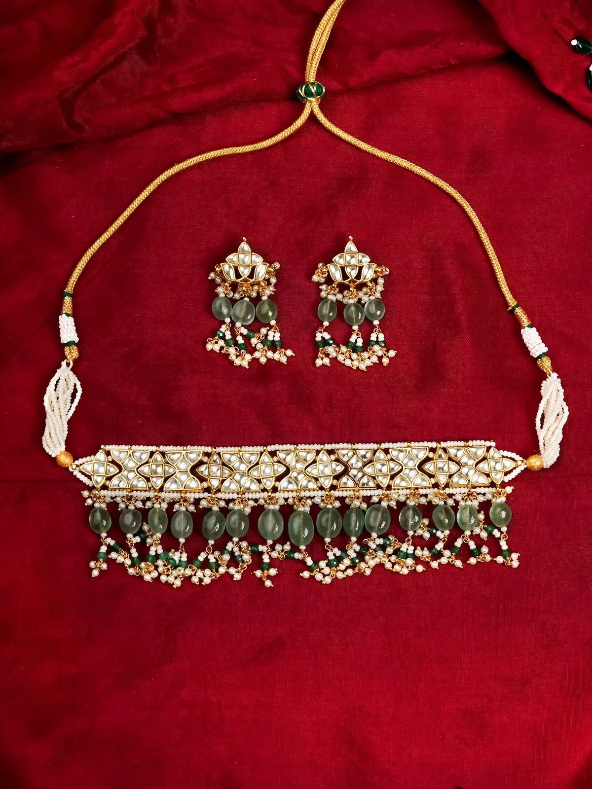 Green Color Gold Plated Jadau Kundan Necklace Set - MS2035Y