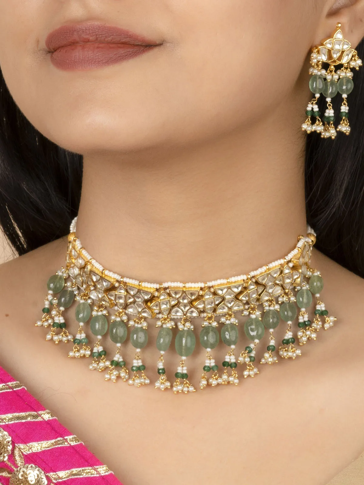 Green Color Gold Plated Jadau Kundan Necklace Set - MS2035Y