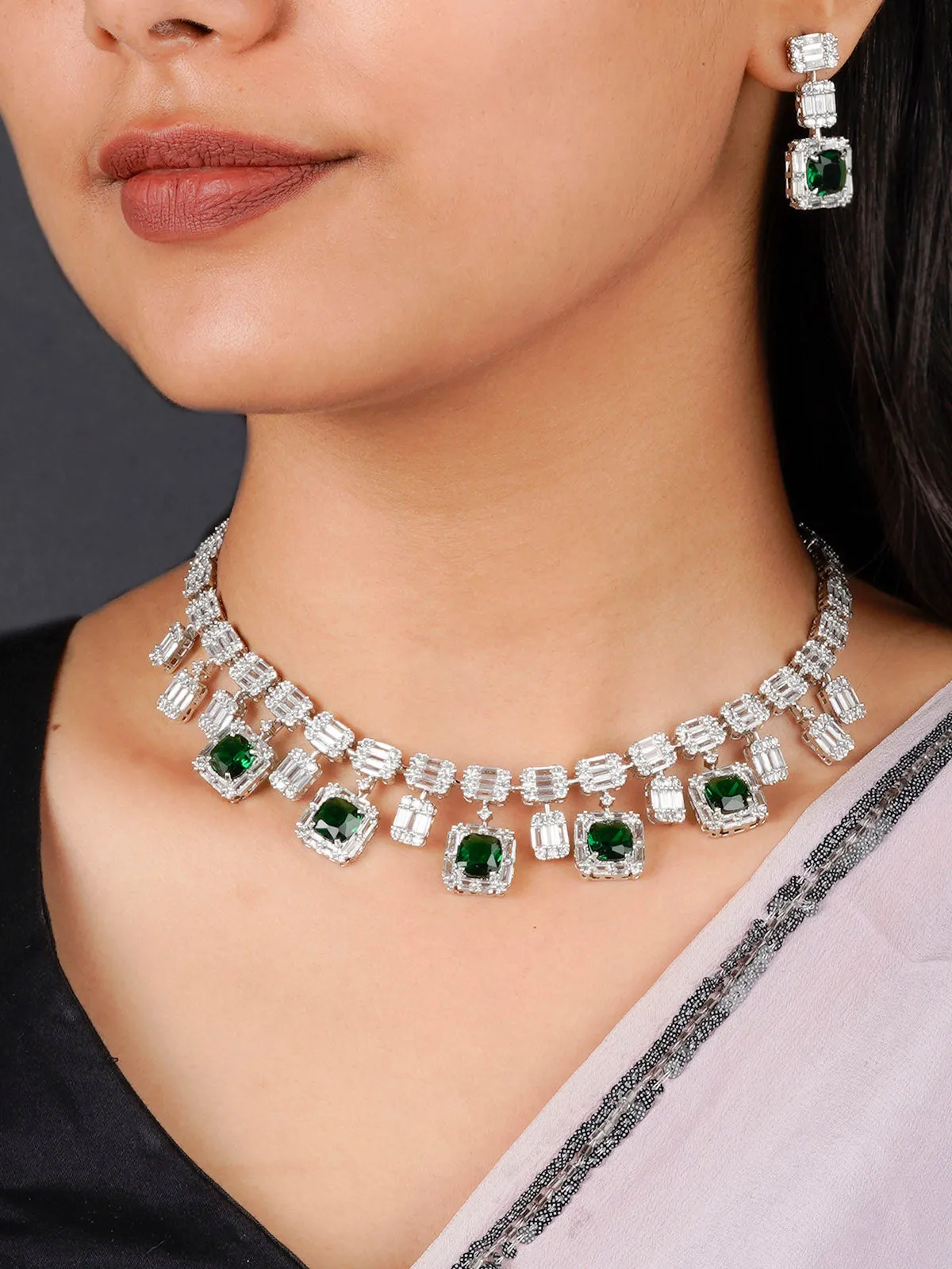 Green Color Silver Plated Faux Diamond Necklace Set - CZSET331GR