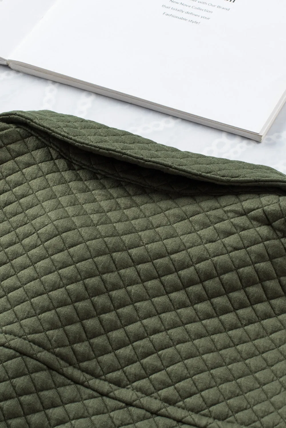 Green Lattice Texture Pockets Button Up Quilted Shacket