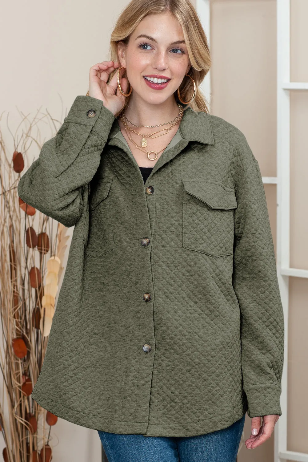 Green Lattice Texture Pockets Button Up Quilted Shacket