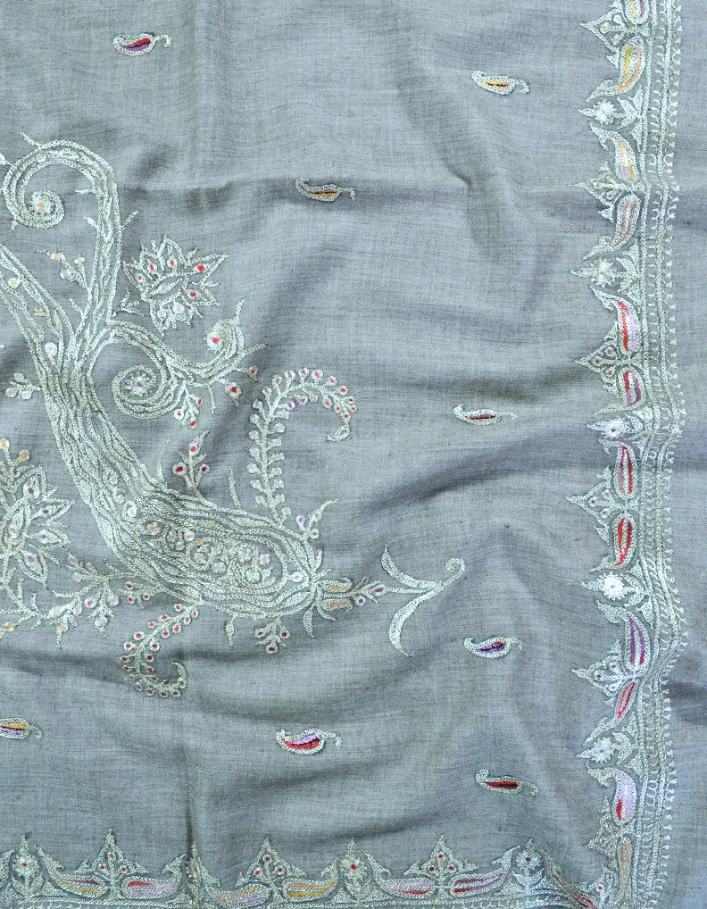 greyish natural tilla embroidery pashmina shawl 8416