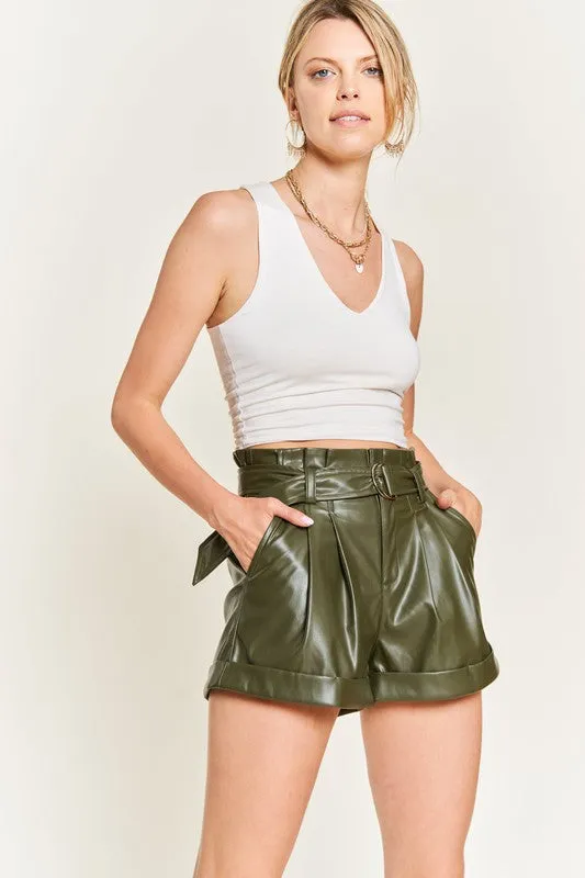 High-Rise Waist Belted Faux Leather Shorts