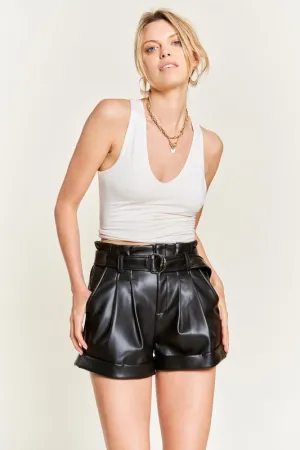 High-Rise Waist Belted Faux Leather Shorts