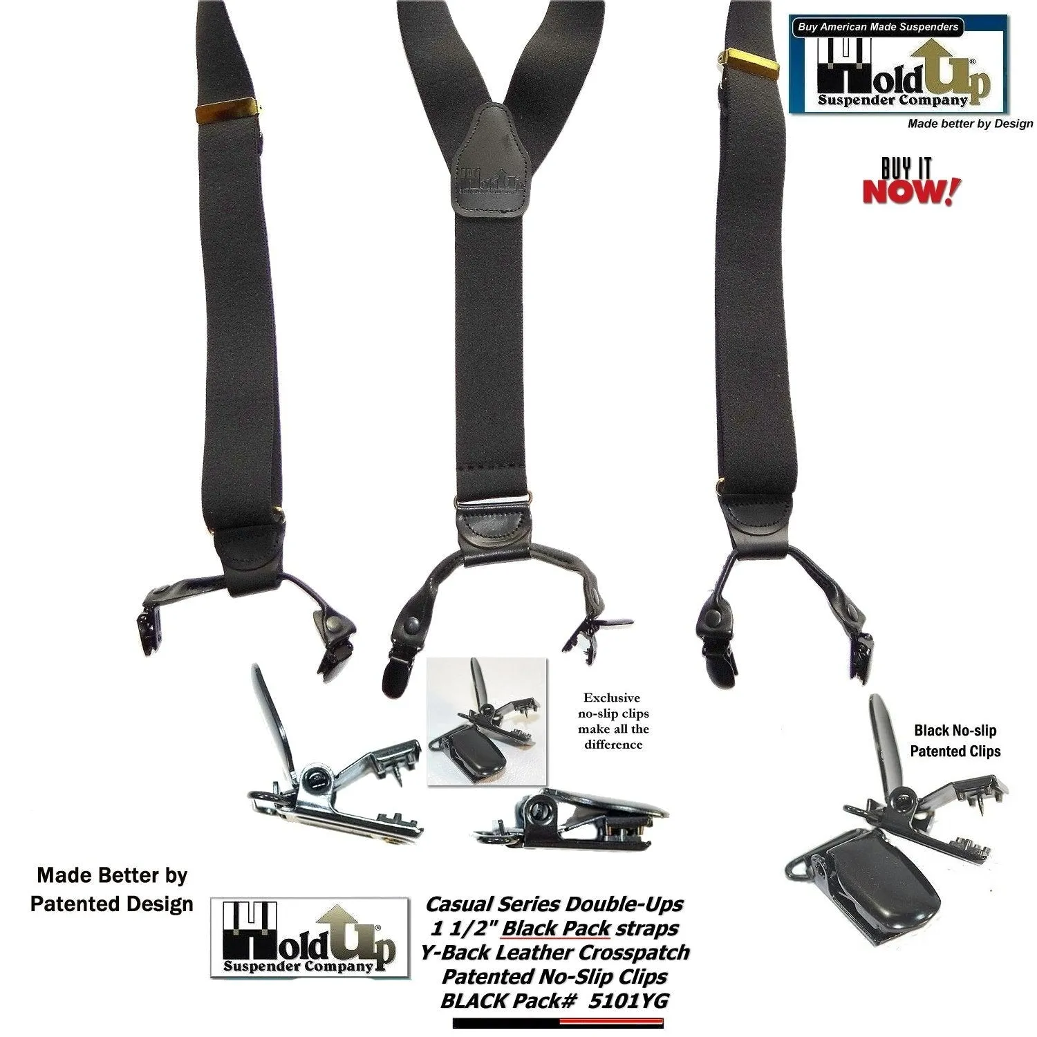 HoldUp Suspender Company's Black Pack Double-Up Style Dressy All black Y-back Suspenders With Patented No-slip clips