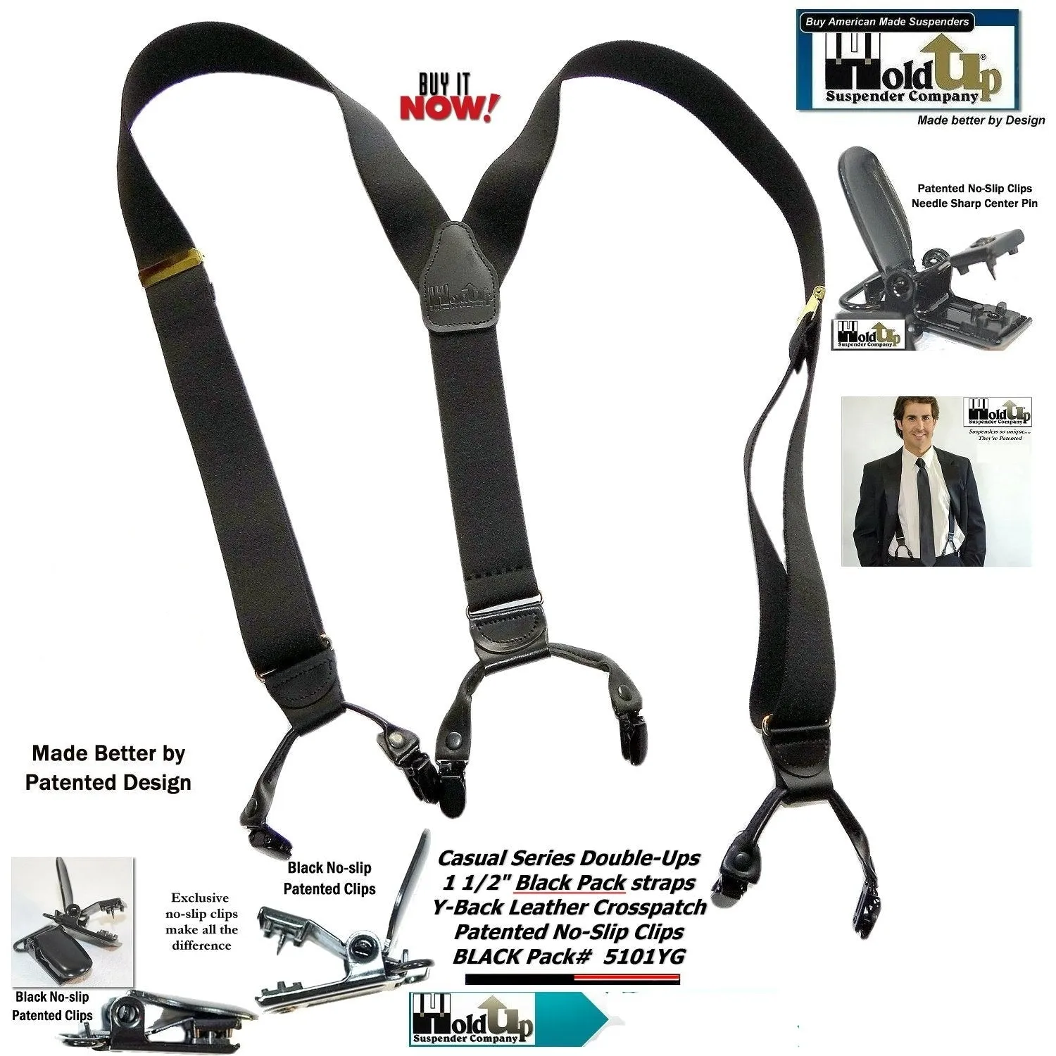 HoldUp Suspender Company's Black Pack Double-Up Style Dressy All black Y-back Suspenders With Patented No-slip clips