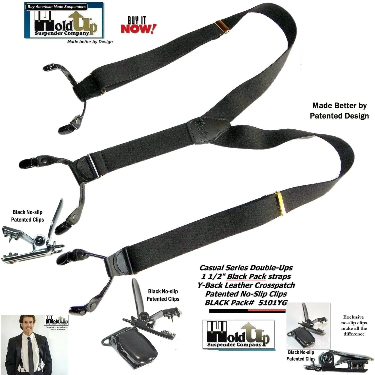 HoldUp Suspender Company's Black Pack Double-Up Style Dressy All black Y-back Suspenders With Patented No-slip clips