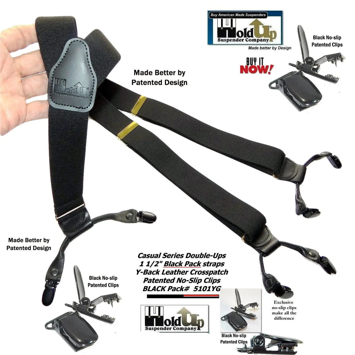 HoldUp Suspender Company's Black Pack Double-Up Style Dressy All black Y-back Suspenders With Patented No-slip clips