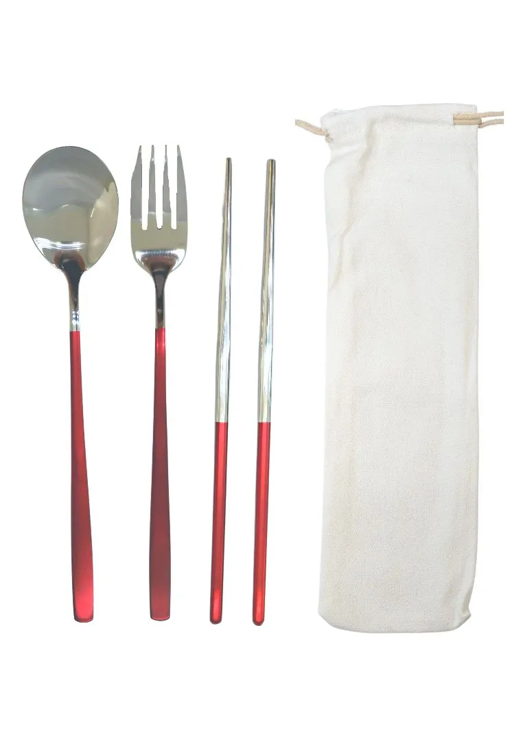 Landmark Stainless Spoon, Fork & Chopstick Colored Handle in a Pouch