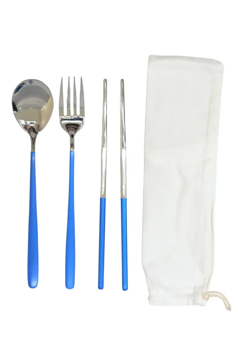 Landmark Stainless Spoon, Fork & Chopstick Colored Handle in a Pouch