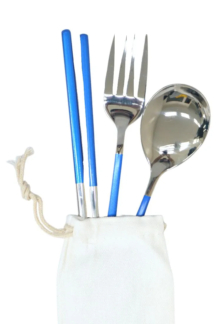 Landmark Stainless Spoon, Fork & Chopstick Colored Handle in a Pouch