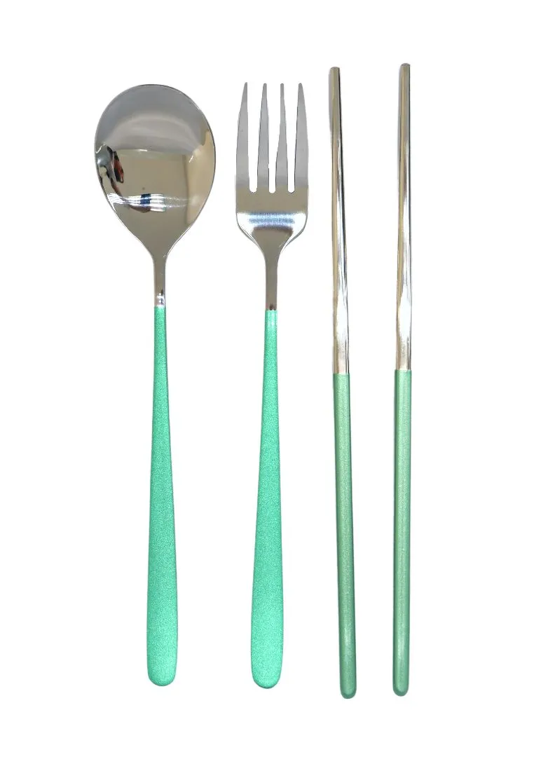 Landmark Stainless Spoon, Fork & Chopstick Colored Handle in a Pouch