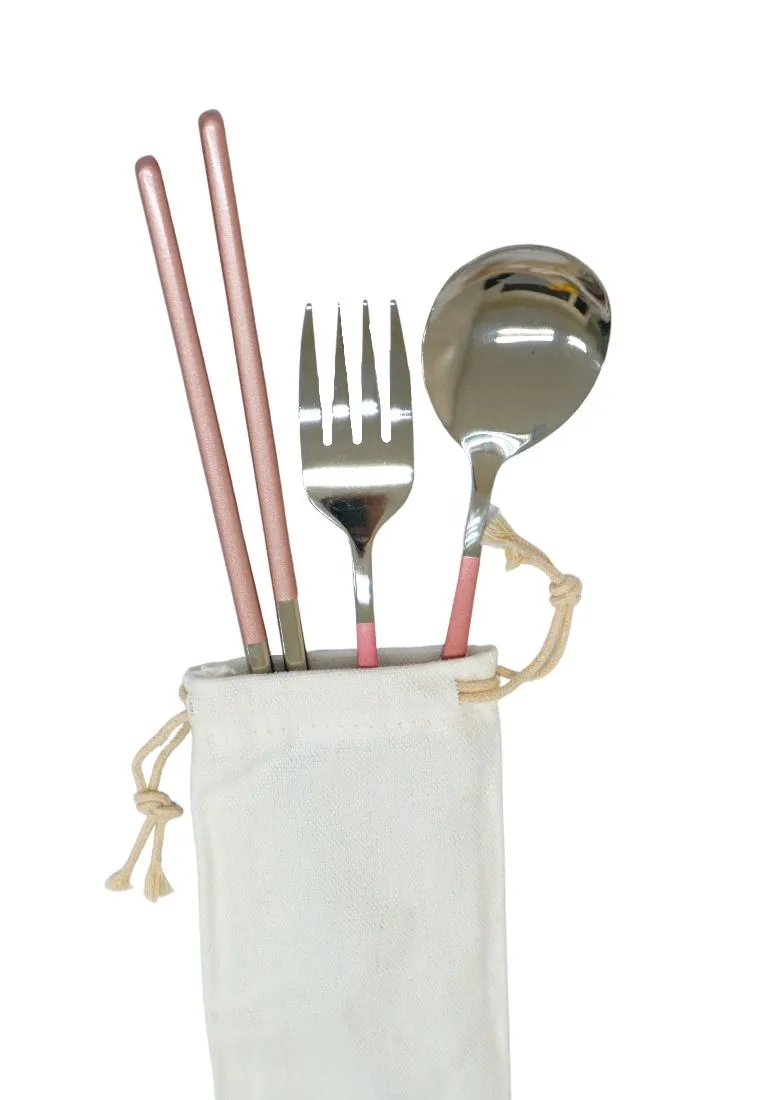 Landmark Stainless Spoon, Fork & Chopstick Colored Handle in a Pouch