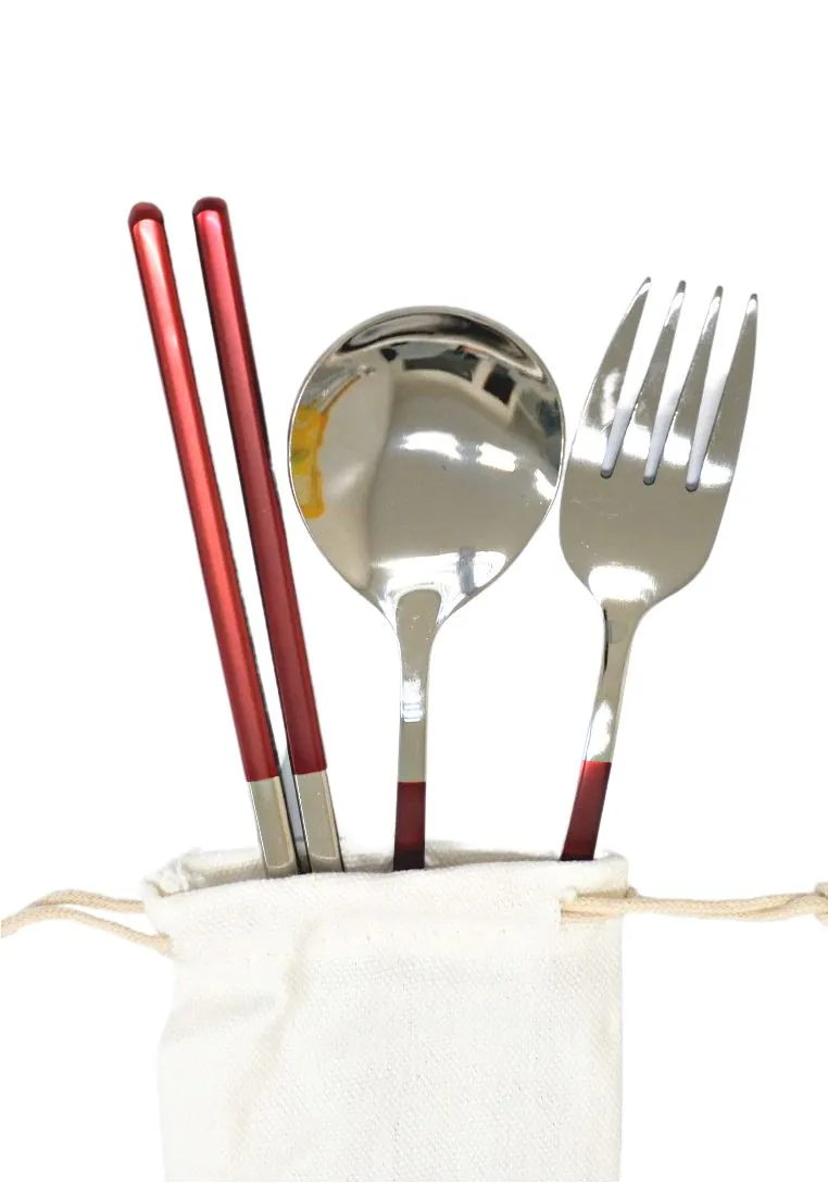 Landmark Stainless Spoon, Fork & Chopstick Colored Handle in a Pouch