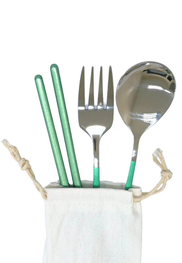 Landmark Stainless Spoon, Fork & Chopstick Colored Handle in a Pouch