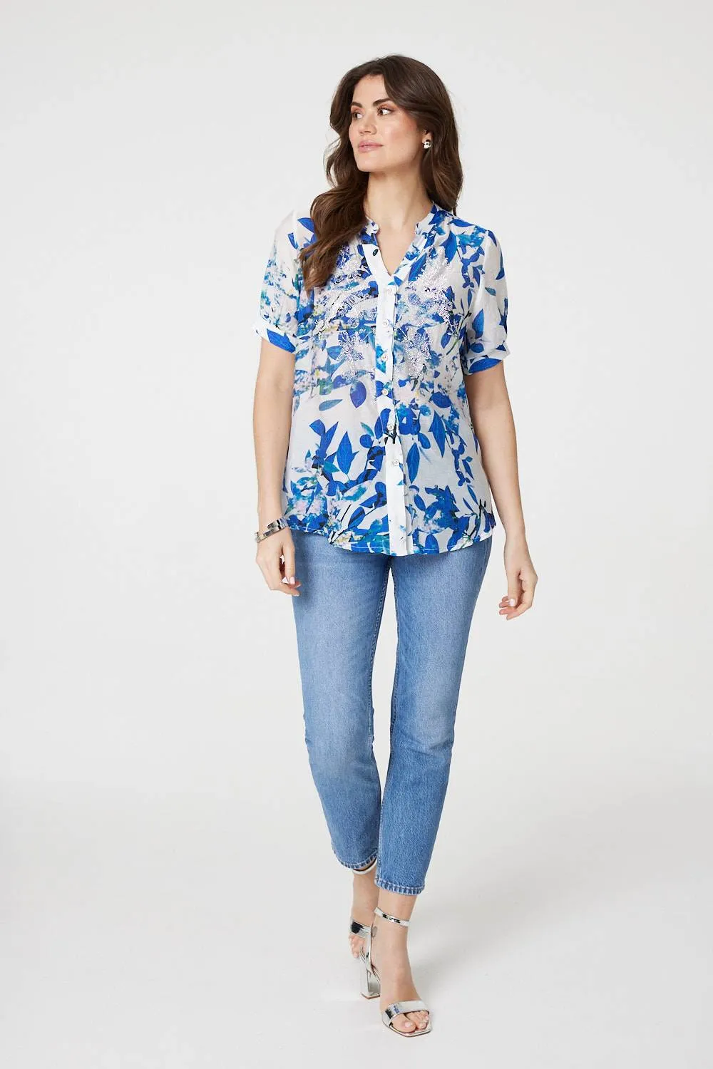 Leaf Print Short Puff Sleeve Shirt