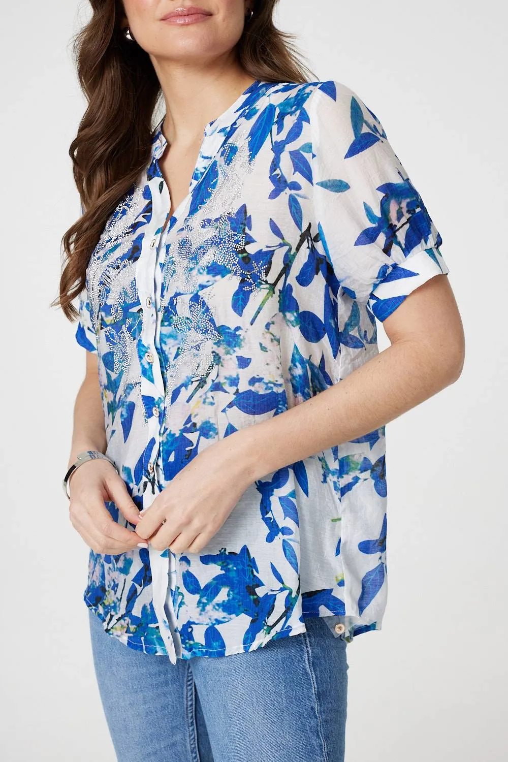 Leaf Print Short Puff Sleeve Shirt