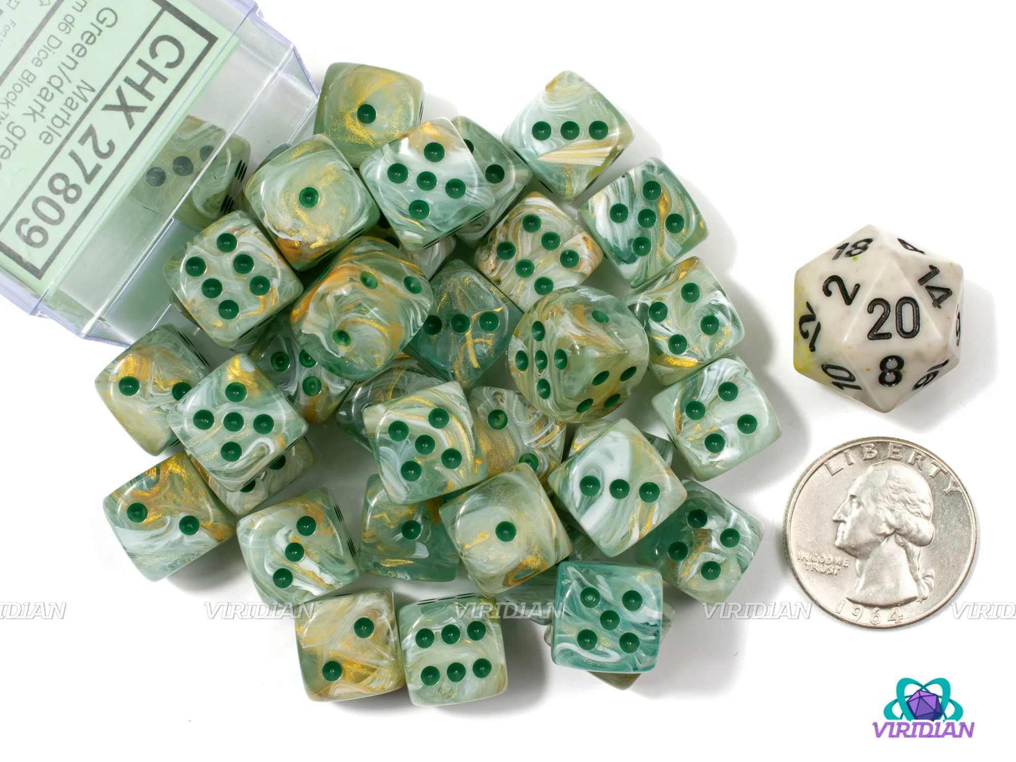 Marble Green & Dark Green | 12mm D6 Block (36) | Chessex Dice | Wargaming