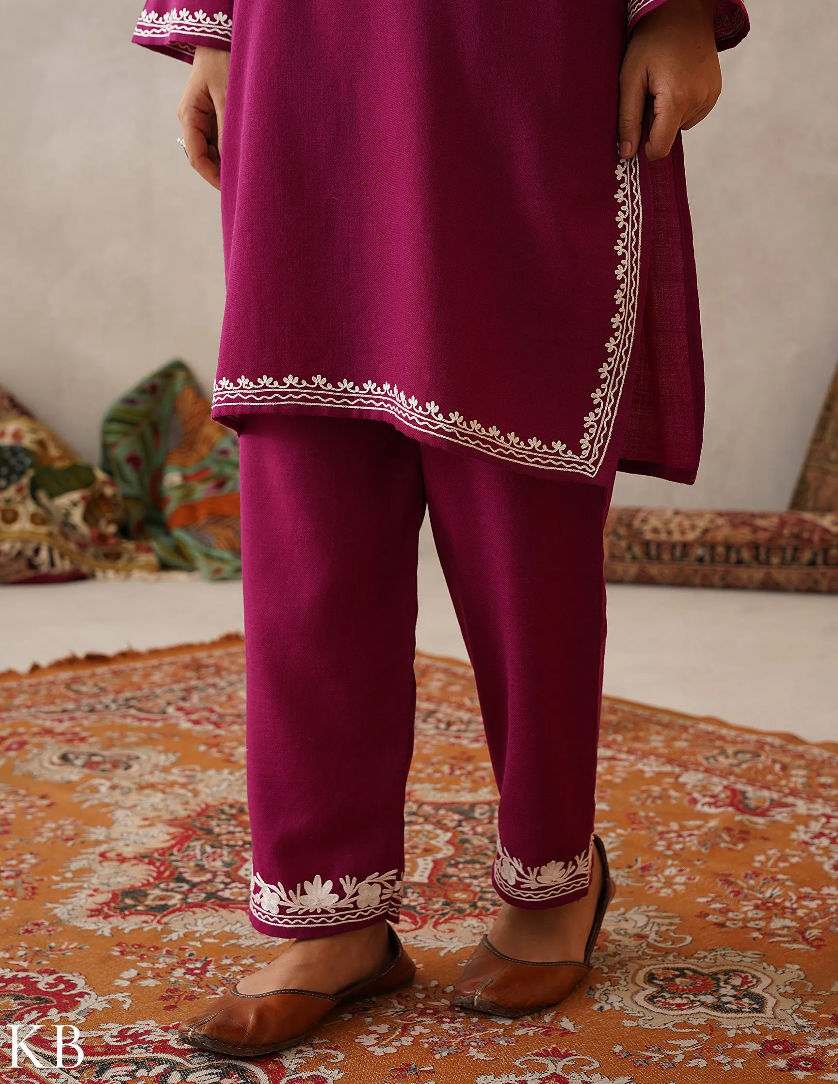 meHER Pansy Purple Kashmiri Aari Woollen Co-ord Set