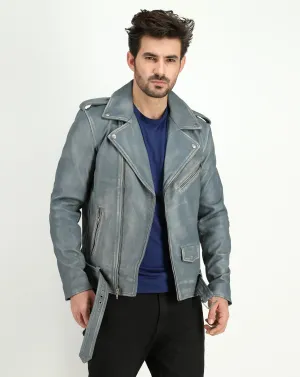 Men's Cowhide Dual Tone Gray Motorcycle Style Leather Jacket