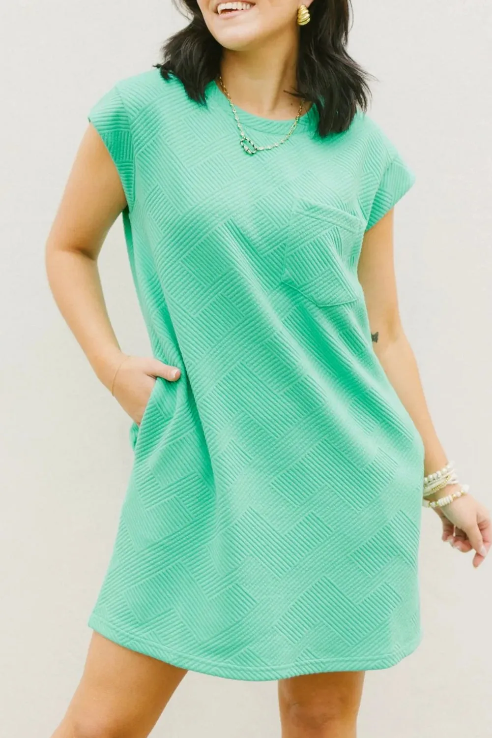 Mint Green Plain Textured Pocketed Mini Dress