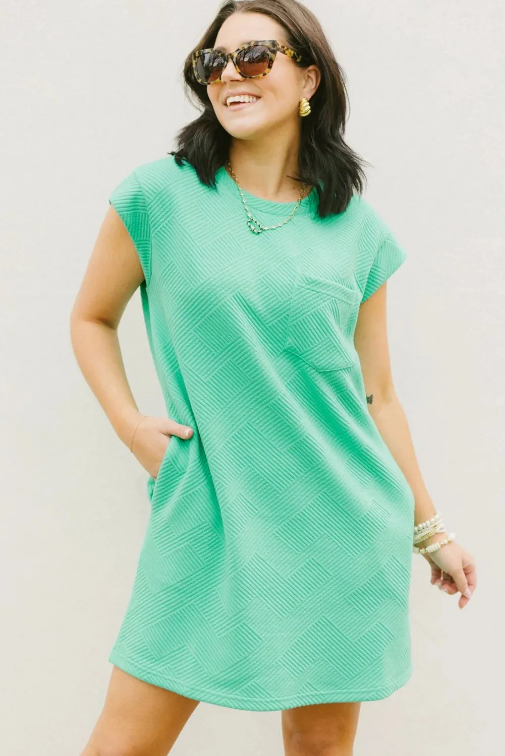 Mint Green Plain Textured Pocketed Mini Dress