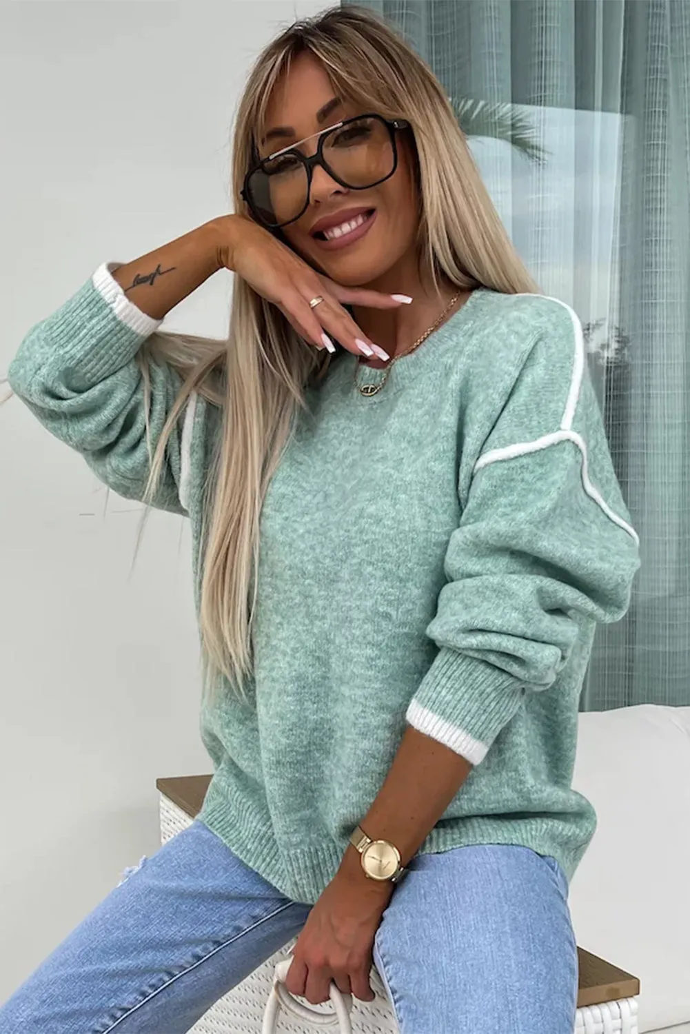 Moonlight Jade Contrast Edge Crewneck Knit Sweater