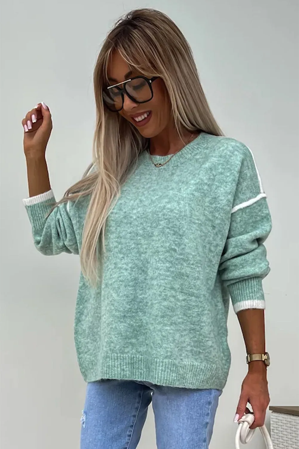 Moonlight Jade Contrast Edge Crewneck Knit Sweater