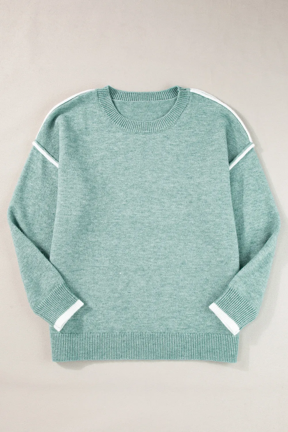 Moonlight Jade Contrast Edge Crewneck Knit Sweater