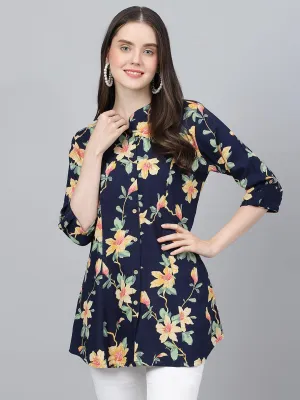 Navy Blue Floral Printed Rayon A-Line Shirts Style Top