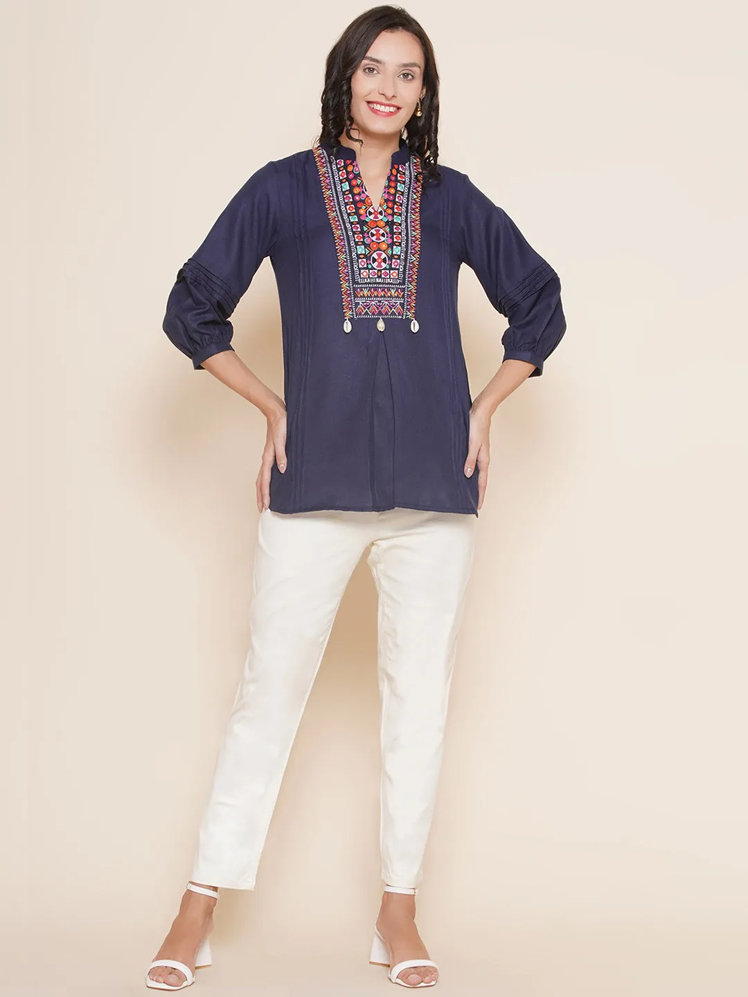 Navy Blue High Low Embroidered Tunic