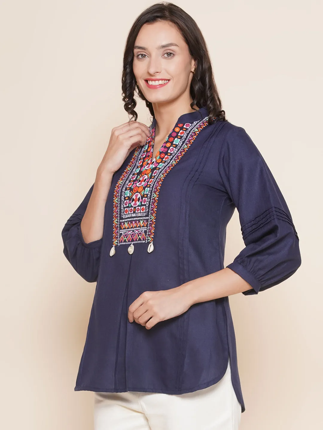 Navy Blue High Low Embroidered Tunic