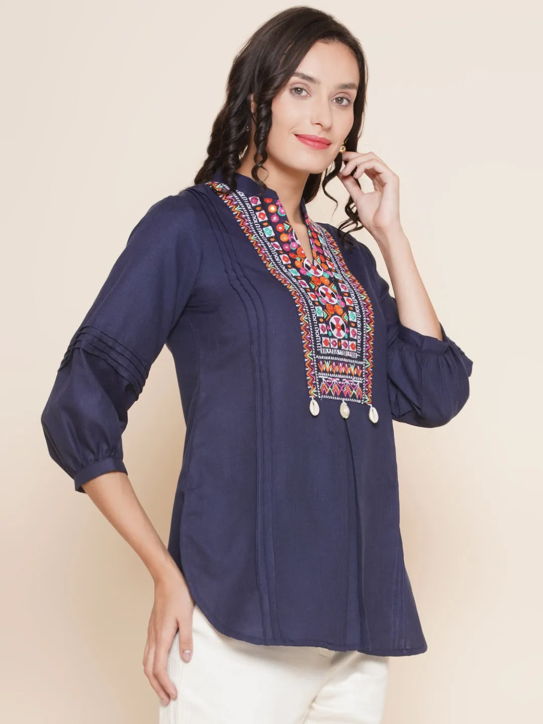 Navy Blue High Low Embroidered Tunic