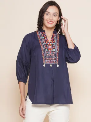 Navy Blue High Low Embroidered Tunic