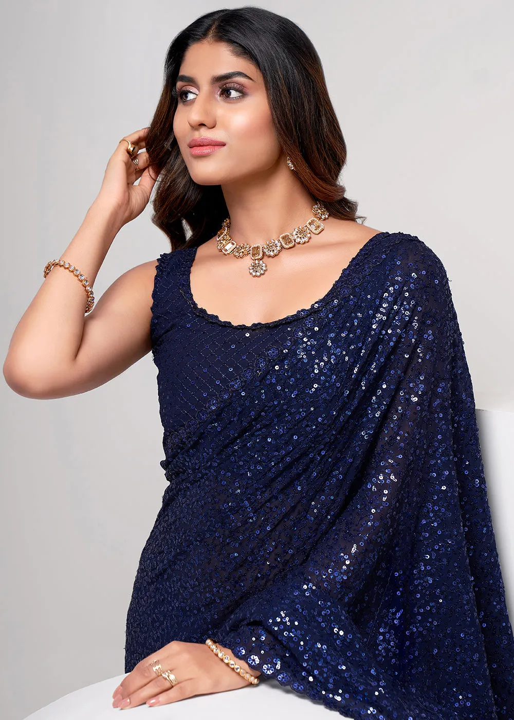 Navy Blue Thread & Multi Sequins Work Party Wear Saree