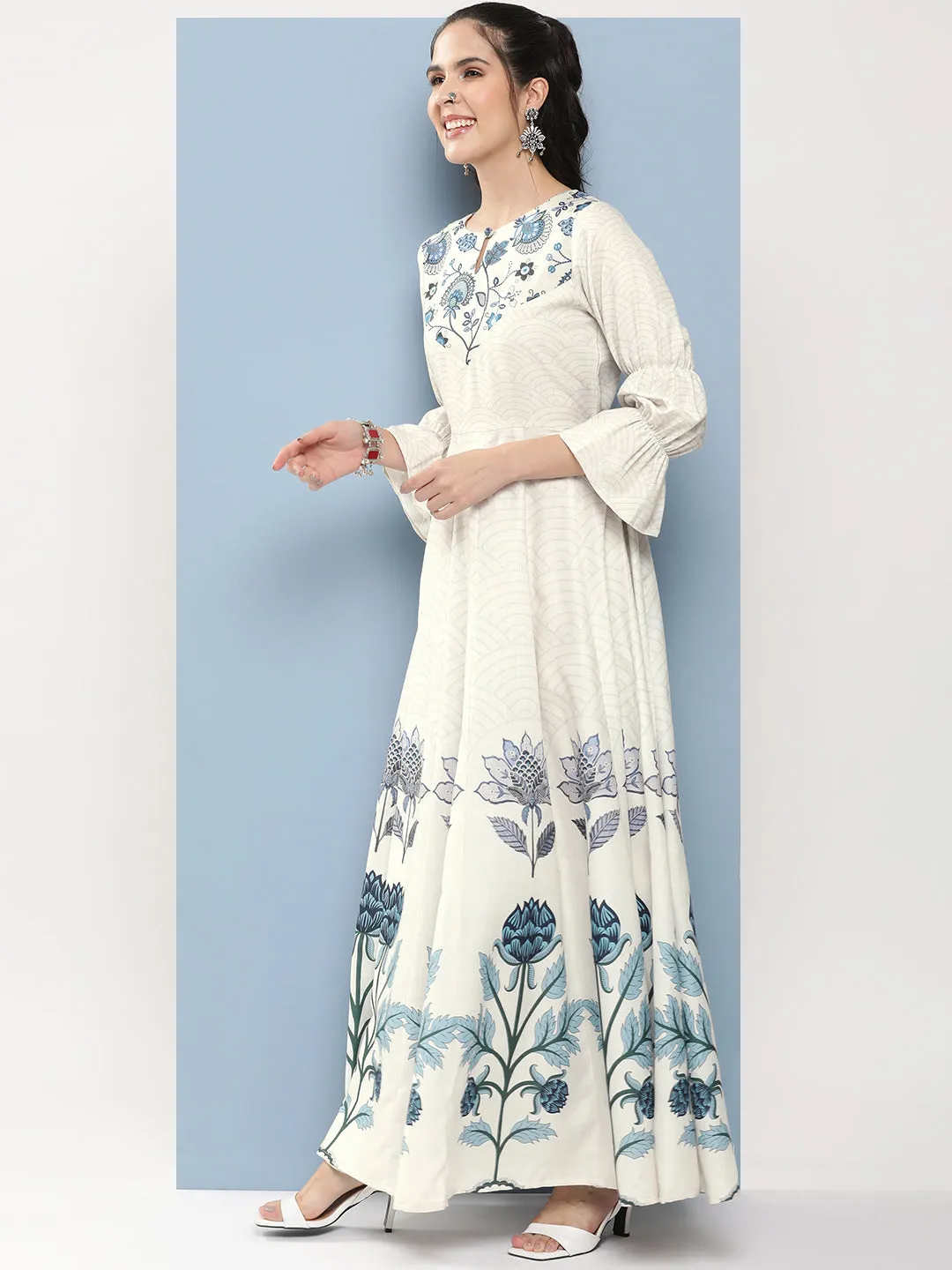 Off-White & Blue Printed Long Dress With Waist Belt