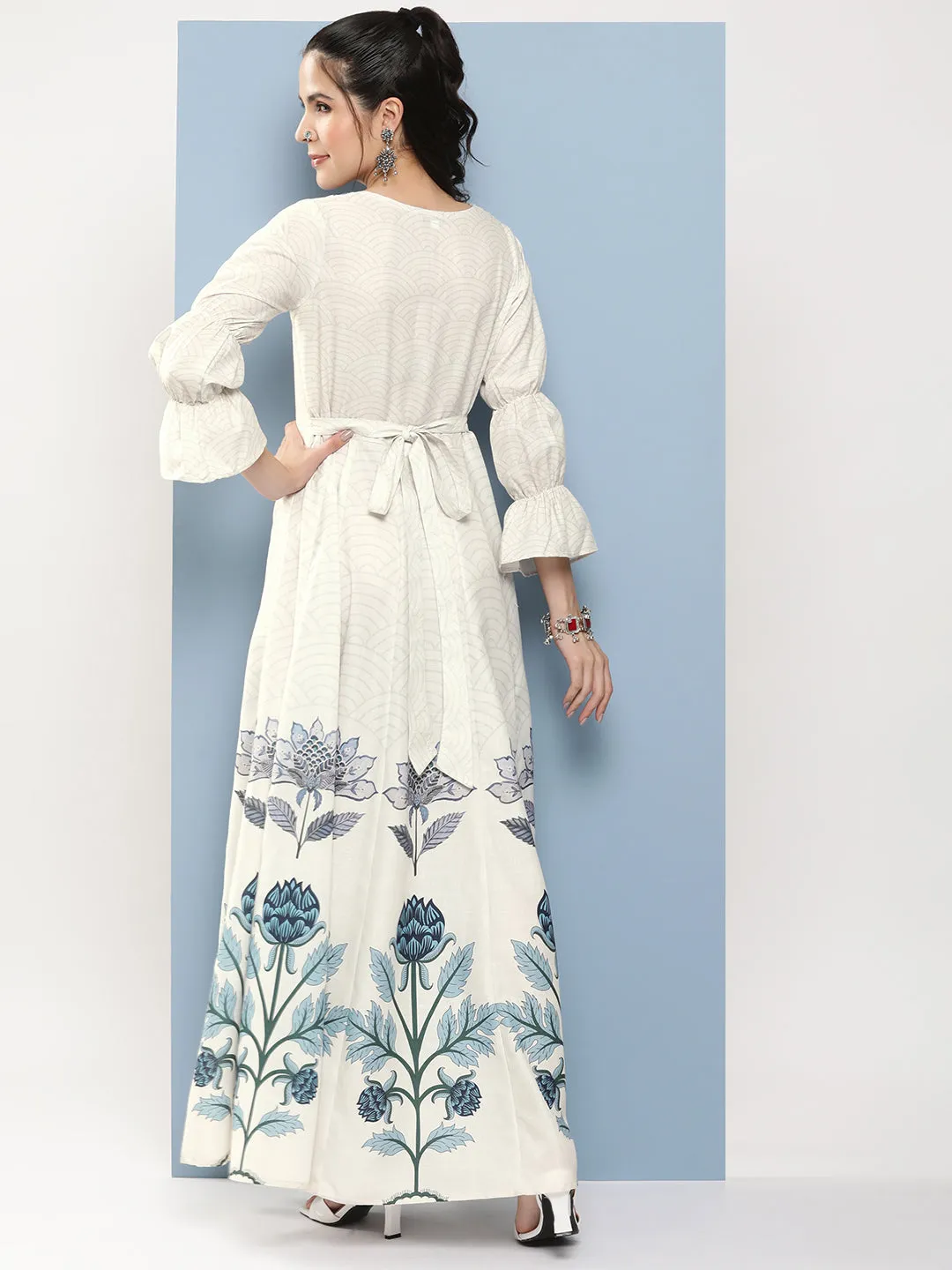 Off-White & Blue Printed Long Dress With Waist Belt