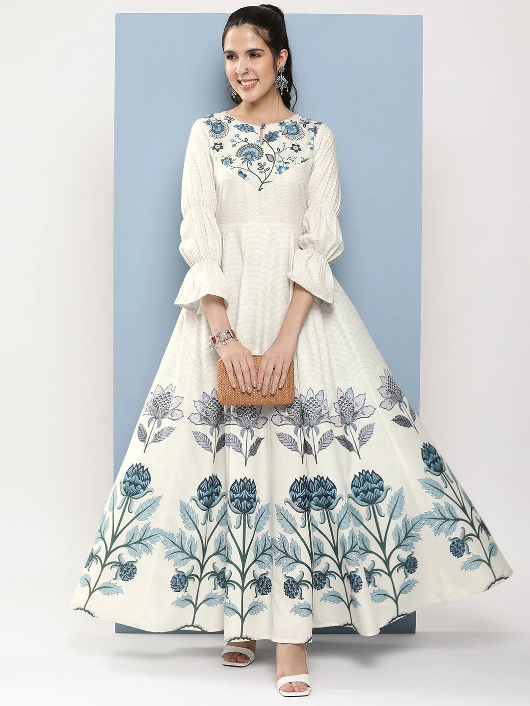 Off-White & Blue Printed Long Dress With Waist Belt