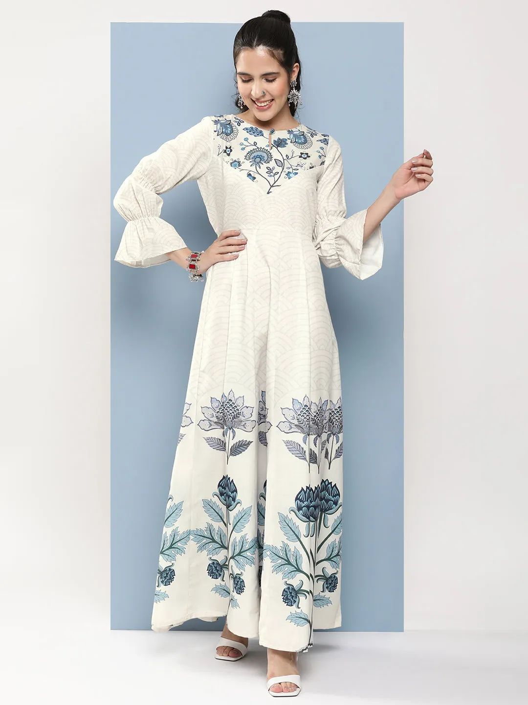 Off-White & Blue Printed Long Dress With Waist Belt