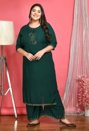 Plus Size Lavish Bottle Green Kurta Palazzo Set