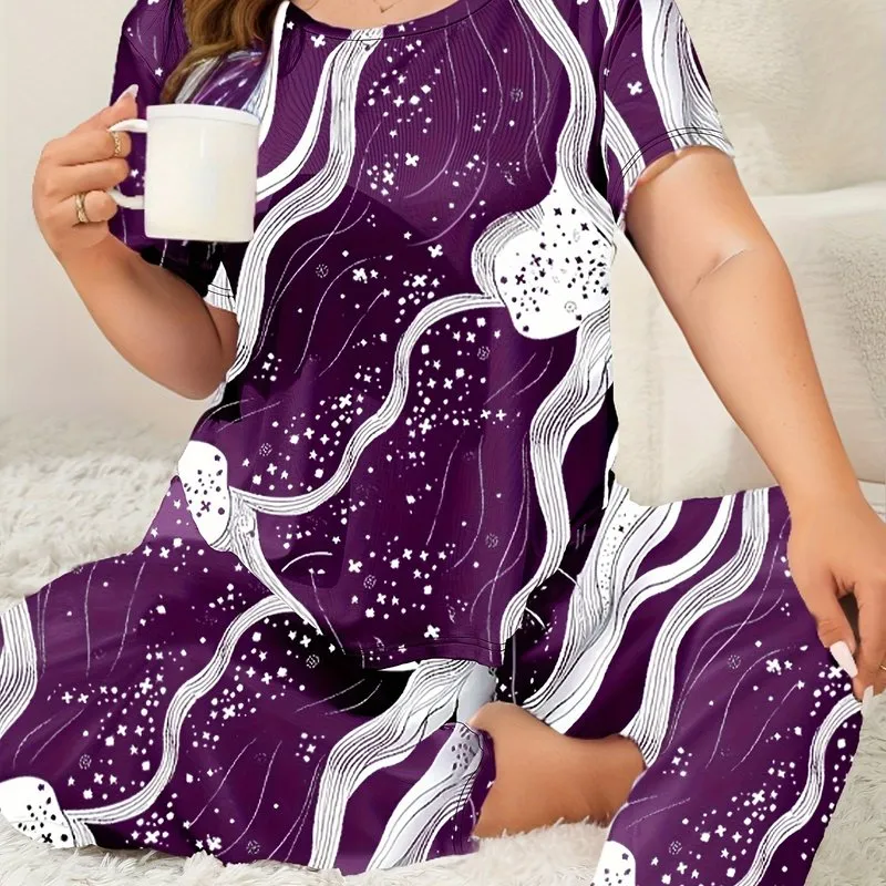 Plus Size Women's Elegant Loungewear Set with Star Graphic Top & Pants Pajamas"