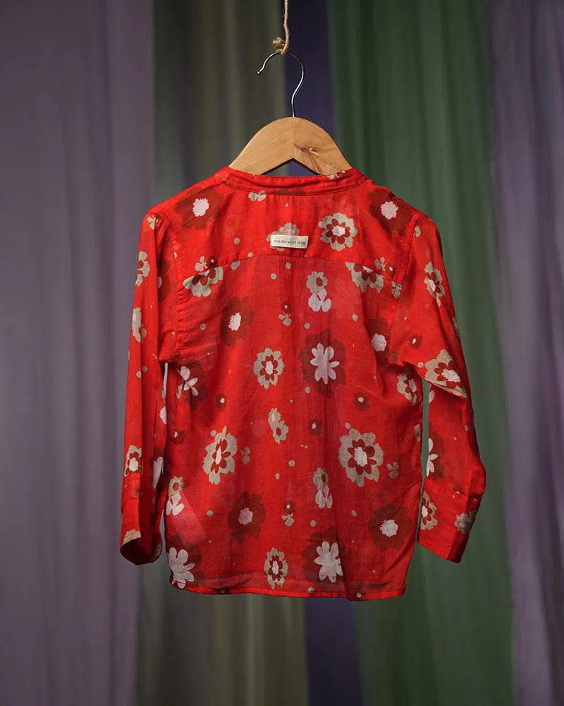 Poppy Patch Mandarin Collar Malmal Cotton Unisex Full Sleeve Shirt In Red Floral Print