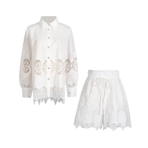 Pre Order:  Embroidered Hollowed Out Shirt   Shorts Set