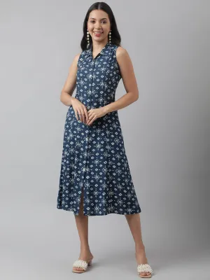 Rayon Teal Blue A-Line Floral Printed Midi Dress